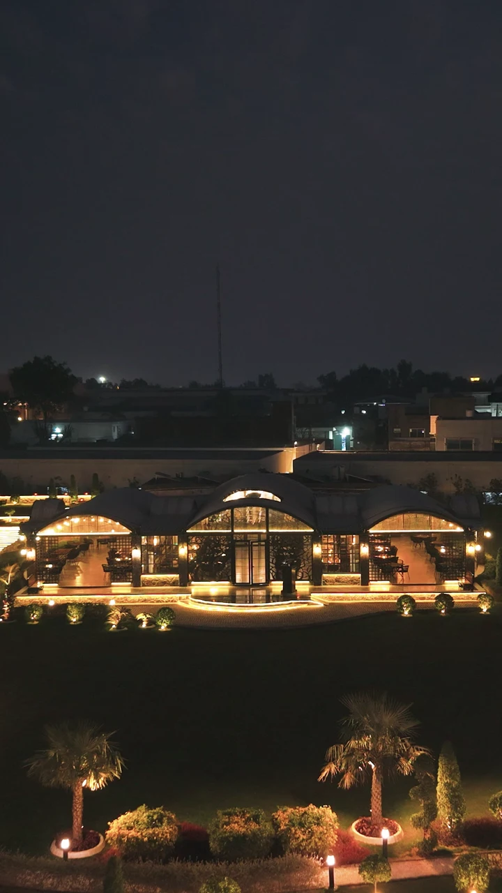 Garden Kitchen illuminated at night